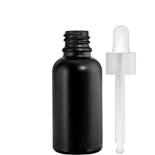 Przejdź do produktu Butelka szklana 30ml czarna matowa z pipetą srebrną