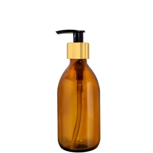 Przejdź do produktu Butelka szklana 250ml brązowa z pompką złoto czarną