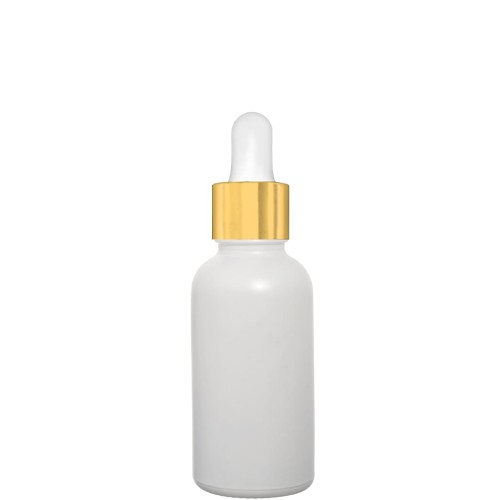 Przejdź do produktu Butelka szklana 30ml biała matowa z pipetą złoto białą