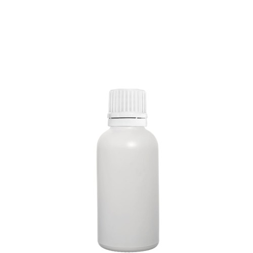 Przejdź do produktu Butelka szklana 50ml biała matowa z kroplomierzem białym