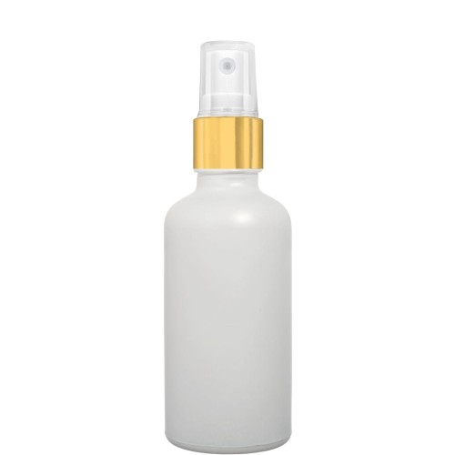 Przejdź do produktu Butelka szklana biała matowa 100ml z atomizerem złotym