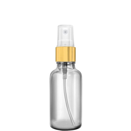 Przejdź do produktu Butelka szklana 30ml bezbarwna z atomizerem złotym