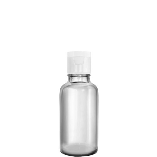 Przejdź do produktu Butelka szklana 30ml bezbarwna z nakrętką Flip Top białą