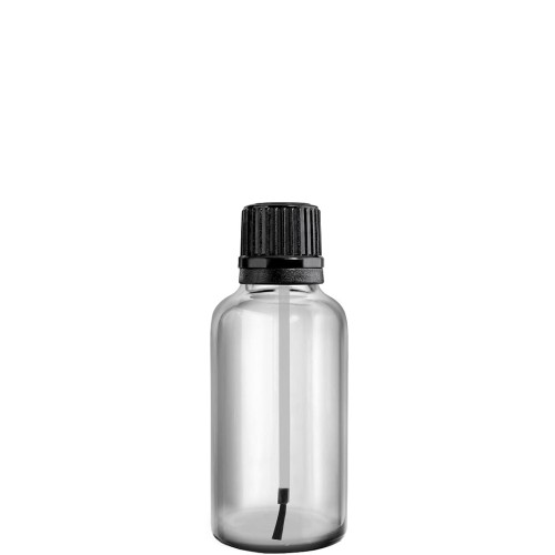 Przejdź do produktu Butelka szklana 30ml bezbarwna z nakrętką i pędzelkiem czarnym