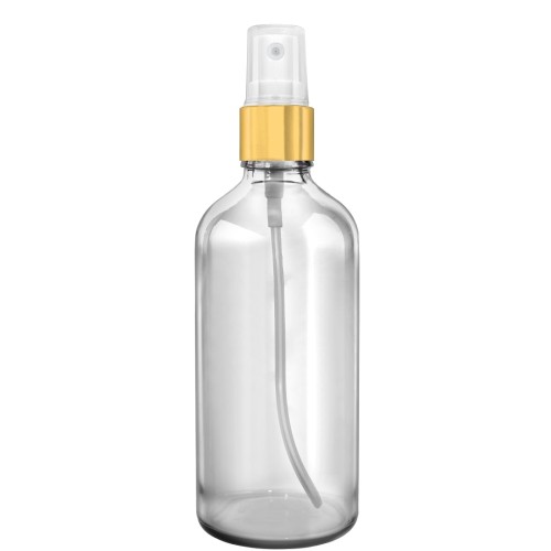 Przejdź do produktu Butelka szklana bezbarwna 100ml z atomizerem złotym