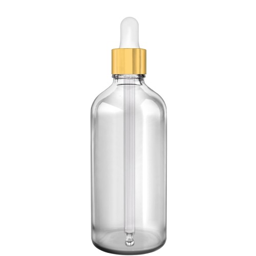 Przejdź do produktu Butelka szklana 100ml bezbarwna z pipetą złotą białą