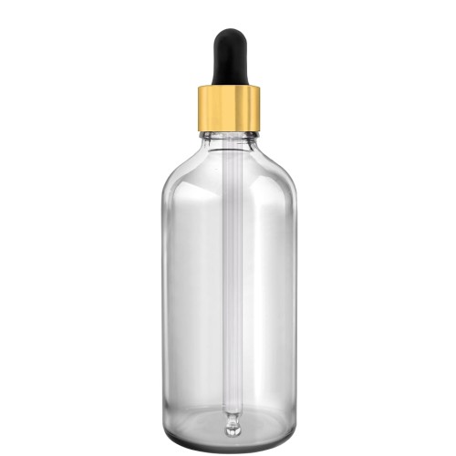 Przejdź do produktu Butelka szklana 100ml bezbarwna z pipetą złoto czarną