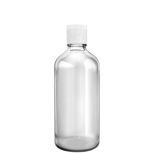 Przejdź do produktu Butelka szklana 100ml bezbarwna z nakrętką flip top białą