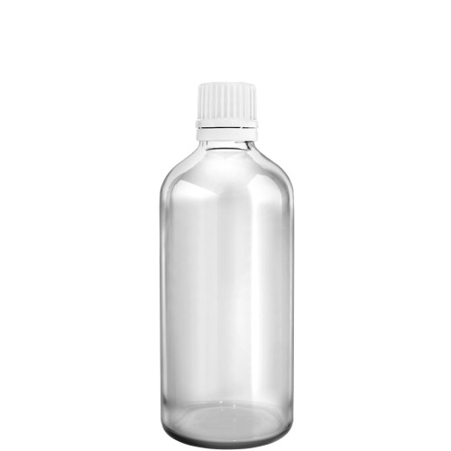 Przejdź do produktu Butelka szklana 100ml bezbarwna z nakrętką plastikową białą