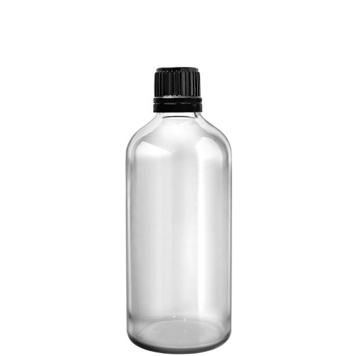 Przejdź do produktu Butelka szklana 100ml bezbarwna z nakrętką plastikową czarną