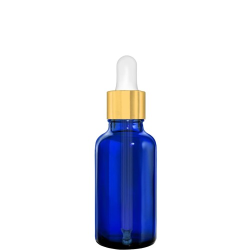 Przejdź do produktu Butelka szklana 30ml niebieska z pipetą złoto białą