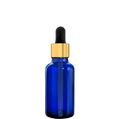 Przejdź do produktu Butelka szklana 30ml niebieska z pipetą złoto czarną