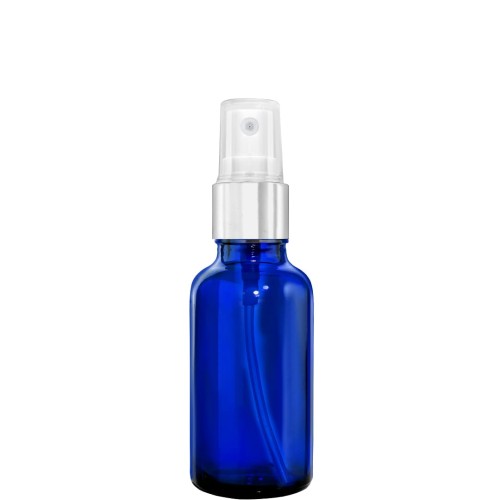 Przejdź do produktu Butelka szklana 50ml niebieska z atomizerem srebrnym