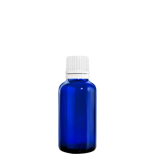 Przejdź do produktu Butelka szklana 50ml niebieska z nakrętką plastikową białą