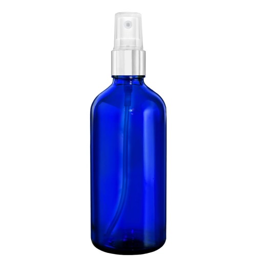 Przejdź do produktu Butelka szklana 100ml niebieska z atomizerem srebrnym