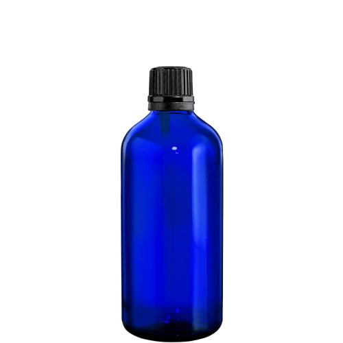 Przejdź do produktu Butelka szklana 100ml niebieska z kroplomierzem czarnym