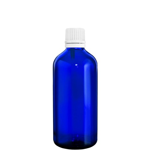 Przejdź do produktu Butelka szklana 100ml niebieska z kroplomierzem białym