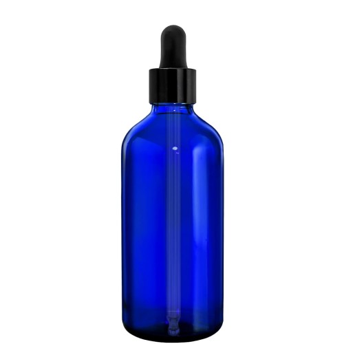 Przejdź do produktu Butelka szklana 100ml niebieska z pipetą czarną