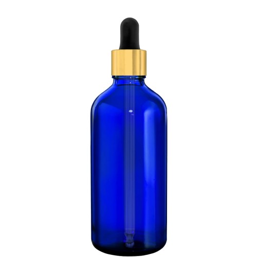 Przejdź do produktu Butelka szklana 100ml niebieska z pipetą złoto czarną