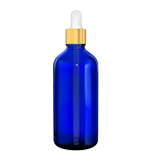 Przejdź do produktu Butelka szklana 100ml niebieska z pipetą złotą białą