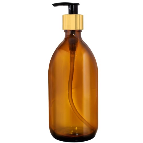 Przejdź do produktu Butelka szklana brąz 500ml z pompką złoto czarną zestaw x5