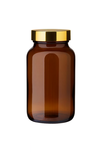 Przejdź do produktu Słoik szklany brązowy PHARMA 200ml ze złotą nakrętką na suplementy tabletki kapsułki 