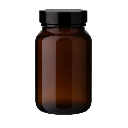 Przejdź do produktu Słoik szklany brązowy PHARMA 150ml z czarną nakrętką na suplementy tabletki kapsułki 