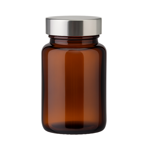 Przejdź do produktu Słoik szklany brązowy PHARMA 100ml ze srebrną nakrętką na suplementy tabletki kapsułki 