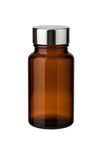 Przejdź do produktu Słoik szklany brązowy PHARMA 75ml ze srebrną nakrętką na suplementy tabletki kapsułki 