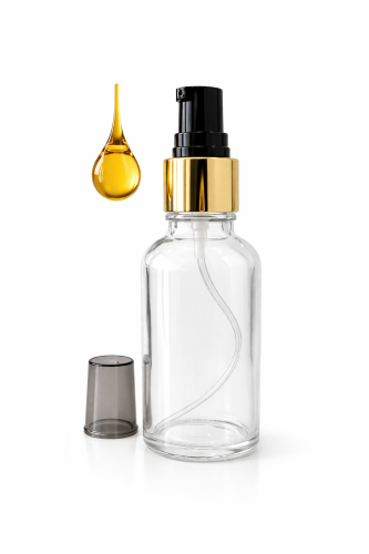 Przejdź do produktu Butelka szklana 30ml bezbarwna z pompką złoto czarną do kremu oleju