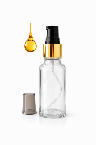Przejdź do produktu Butelka szklana 50ml bezbarwna z pompką złoto czarną do kremu oleju