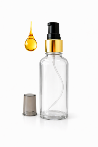 Przejdź do produktu Butelka szklana 100ml bezbarwna z pompką złoto czarną do kremu oleju