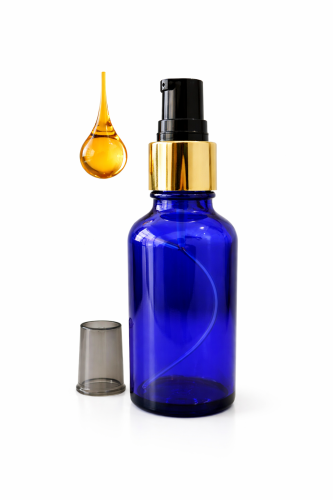 Przejdź do produktu Butelka szklana 50ml niebieska z pompką złoto czarną do kremu oleju