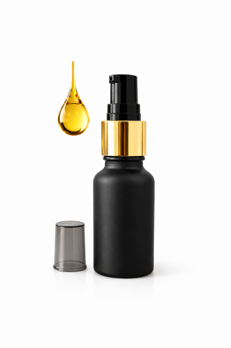 Przejdź do produktu Butelka szklana 30ml czarna matowa z pompką złoto czarną do kremu oleju